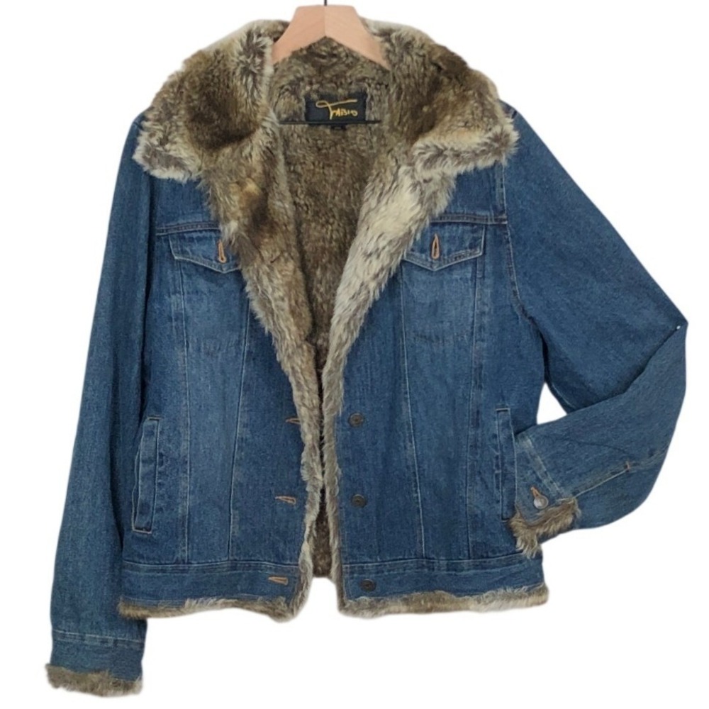 FABIO Faux Fur Lined Denim Trucker Jacket Women's Sz M Blue Medium Wash Winter